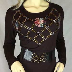 Incredible Dark brown Turkish women’s stretchy top with sparkly diagonal design